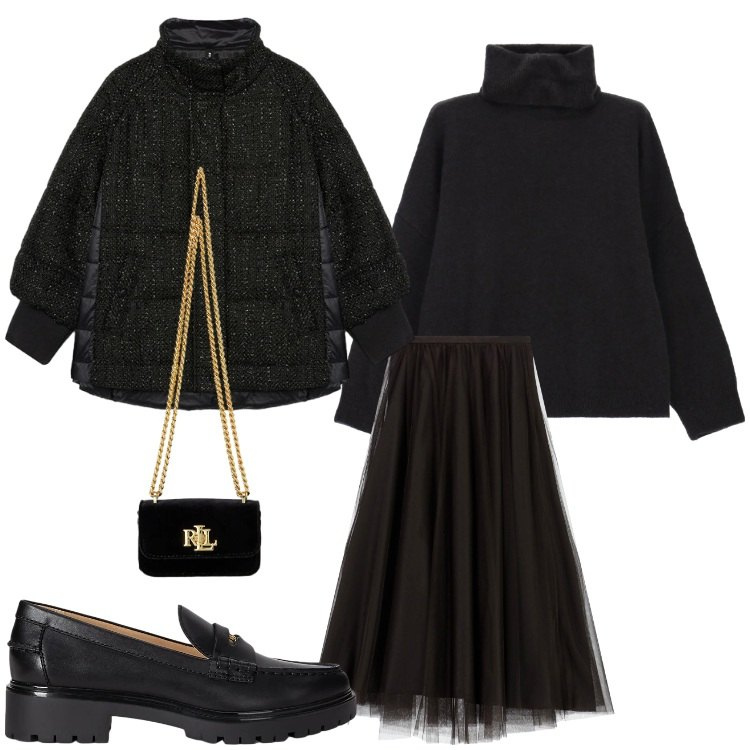 Outfit donna - Oro e nero. Stile Chic per Serata fuori. Abbinamento con gonne lunghe, maglieria, pochette, mocassini, piumini.