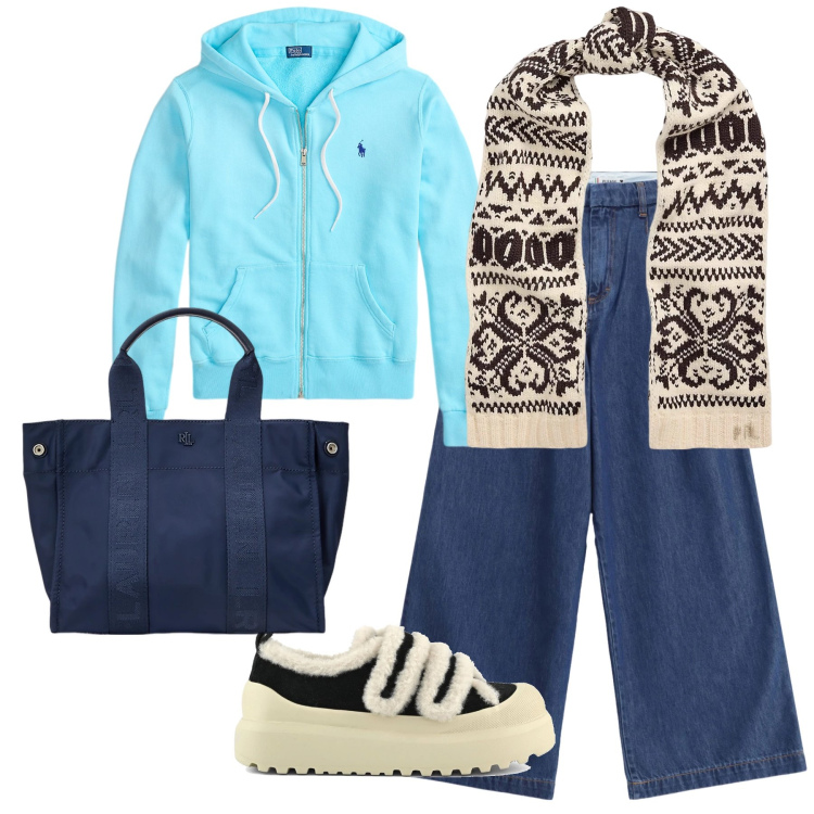 Outfit donna - Sportivamente a passeggiare. Stile Casual chic per Tutti i giorni. Abbinamento con jeans, sciarpe, borse tote, felpe con cappuccio, sneakers.