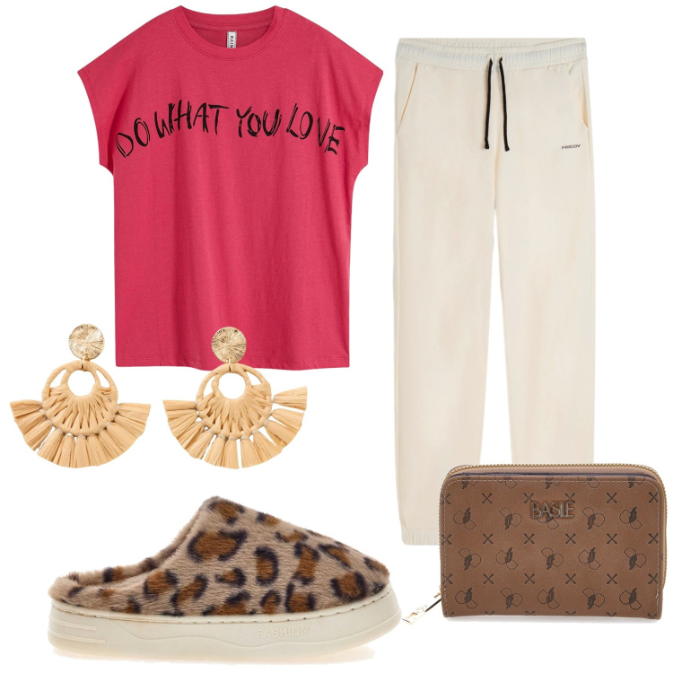 Outfit donna - A casa un po’ estiva un po’ invernale. Stile Trendy per Tutti i giorni. Abbinamento con maglieria, orecchini, pantaloni, ciabatte, portafogli.