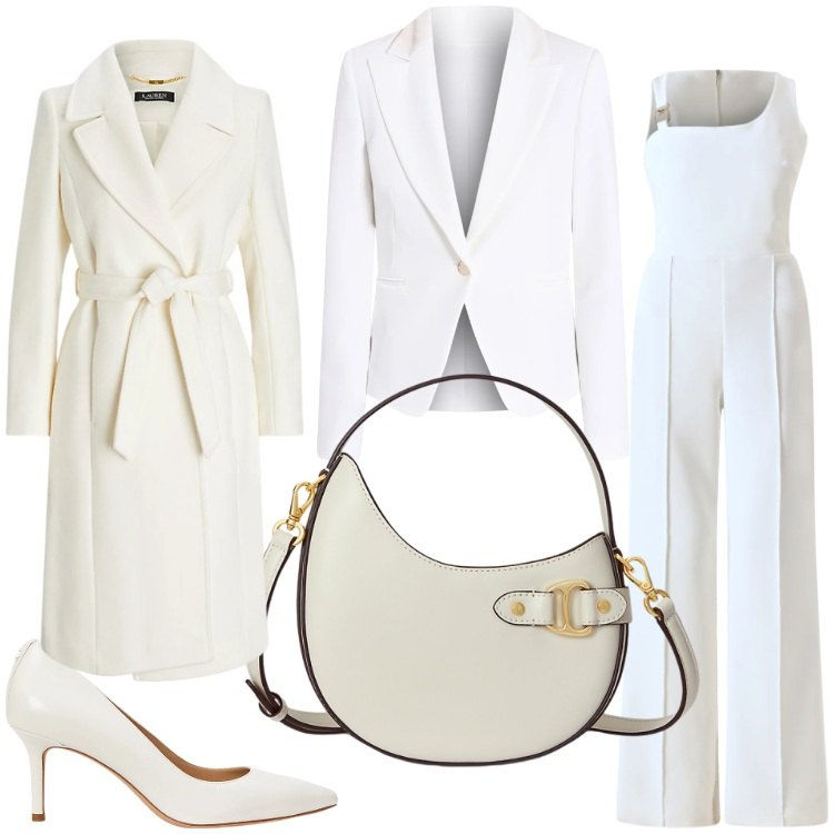 Outfit donna - Questione di bianco. Stile Chic per Serata fuori. Abbinamento con tute, blazer, cappotti, décolleté, borse a tracolla.