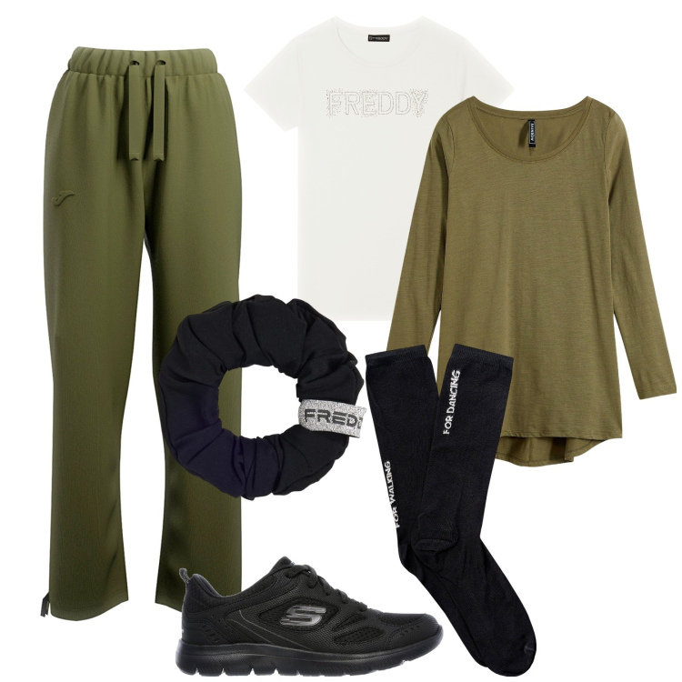 Outfit donna - Yoga in inverno. Stile Sporty chic per Sport. Abbinamento con maglieria, t-shirt, accessori per capelli, pantaloni, calzini, sneakers.