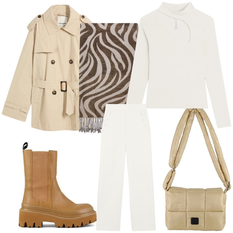 Outfit donna - Total look. Stile Urban per Tutti i giorni. Abbinamento con trench, pantaloni, maglieria, borse a spalla, stivaletti chelsea, foulard.