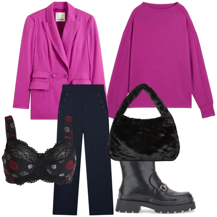 Outfit donna - Un po’ di ciclamino e qualche rosa. Stile Trendy per Ufficio. Abbinamento con felpe, blazer, reggiseni, pantaloni, borse a spalla, stivaletti.