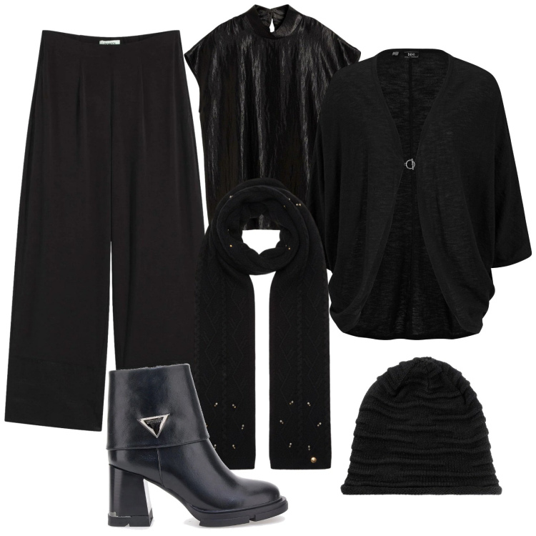 Outfit donna - L\'eleganza del nero. Stile Chic per Serata fuori. Abbinamento con berretti, cardigans, pantaloni, top, sciarpe, stivaletti.