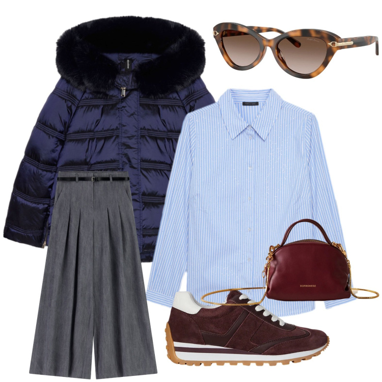 Outfit donna - Pomeriggio di shopping. Stile Casual per Tutti i giorni. Abbinamento con pantaloni a palazzo, borse a mano, sneakers, occhiali da sole, piumini, camicie.