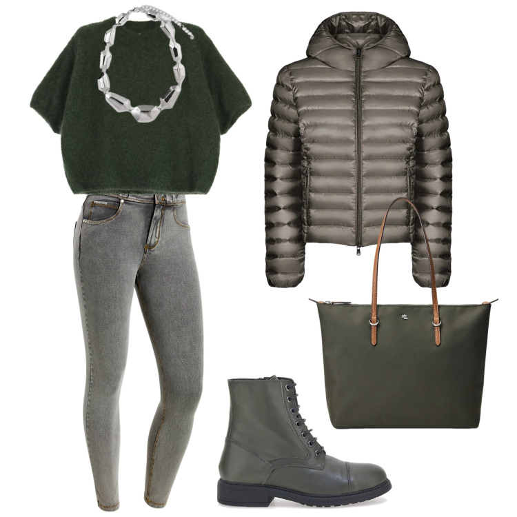 Outfit donna - Verde a dicembre. Stile Casual per Tutti i giorni. Abbinamento con maglieria, jeans skinny, borse tote, bomber, stivaletti, ciondoli.