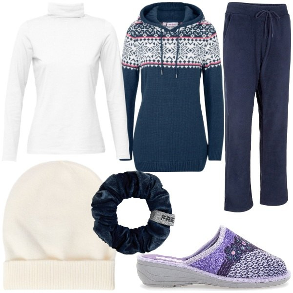 Outfit donna - Relax at home. Stile Casual chic per Tutti i giorni. Abbinamento con maglieria, maglieria, pantaloni, accessori per capelli, berretti, pantofole.