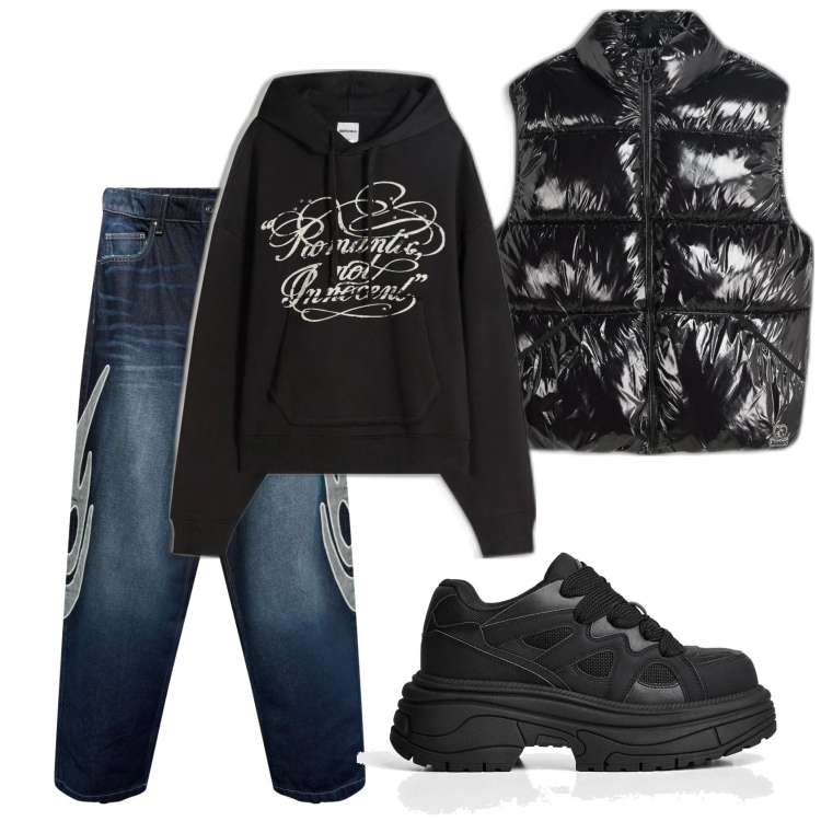 Outfit hombre - Trendy look. Estilo Trendy para Todos los días. Combinación con chalecos, sneakers, vaqueros, sudaderas con capucha.