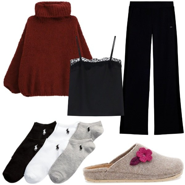 Outfit donna - Relax at home dicembre. Stile Casual chic per Tutti i giorni. Abbinamento con maglieria, canottiere, pantaloni, calzini, pantofole.