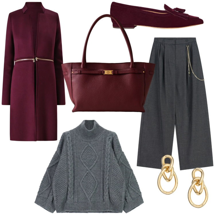 Outfit donna - Winter fashion style. Stile Chic per Tutti i giorni. Abbinamento con cappotti, maglieria, pantaloni a palazzo, shopping bag, ballerine, orecchini.