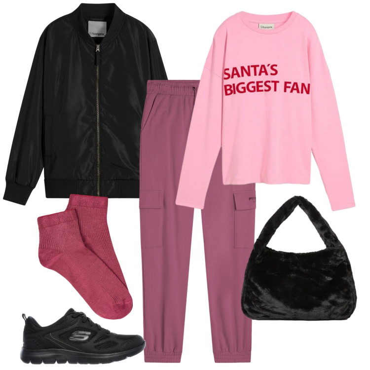 Outfit donna - Bomber per le feste. Stile Casual per Tutti i giorni. Abbinamento con bomber, maglieria, pantaloni cargo, sneakers, collant, borse a spalla.