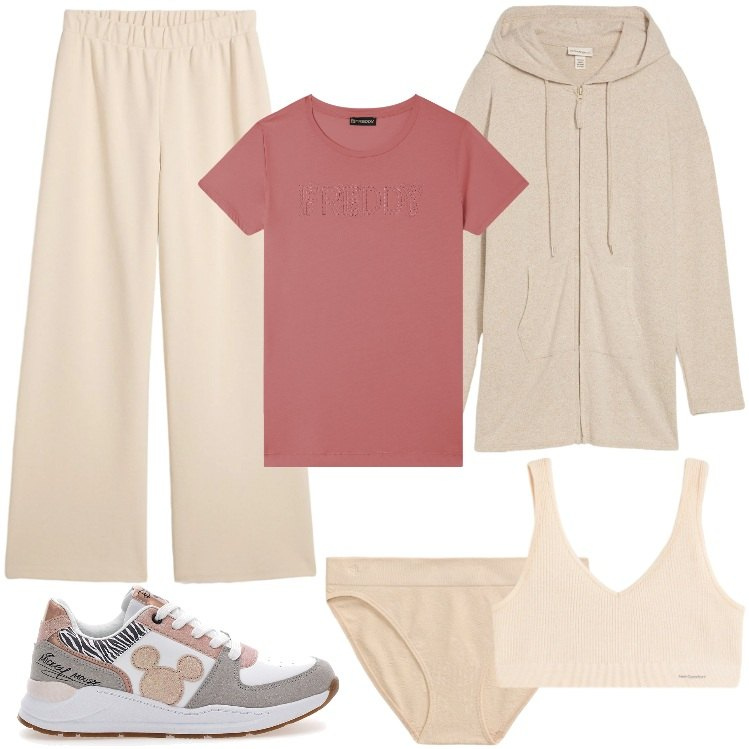 Outfit donna - Una Domenica a Casa. Stile Basic per Tutti i giorni. Abbinamento con reggiseni, pantaloni, cardigans, t-shirt, bikini, sneakers.