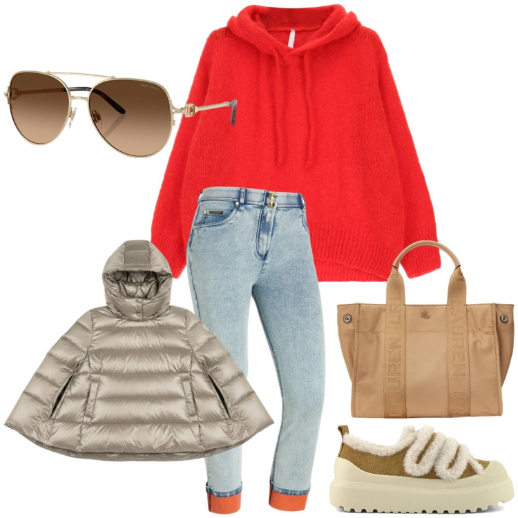 Outfit donna - Urban style. Stile Casual chic per Tutti i giorni. Abbinamento con maglieria, jeans dritti, occhiali da sole, borse tote, piumini, sneakers.