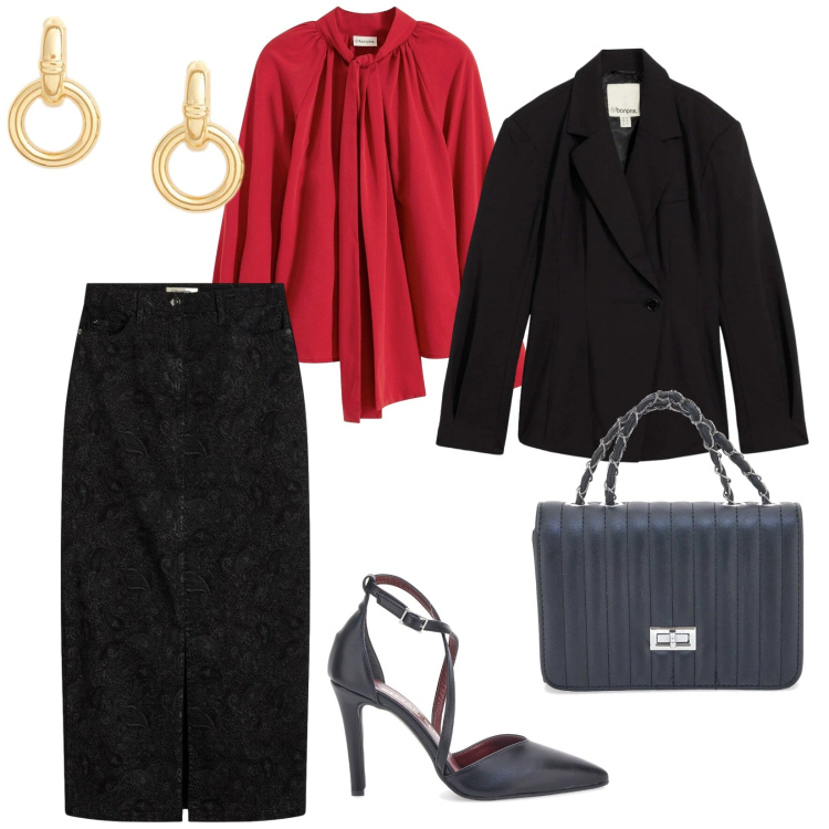 Outfit donna - Cena fuori. per Serata fuori. Abbinamento con gonne, blazer, camicie, orecchini, décolleté, borse a tracolla.