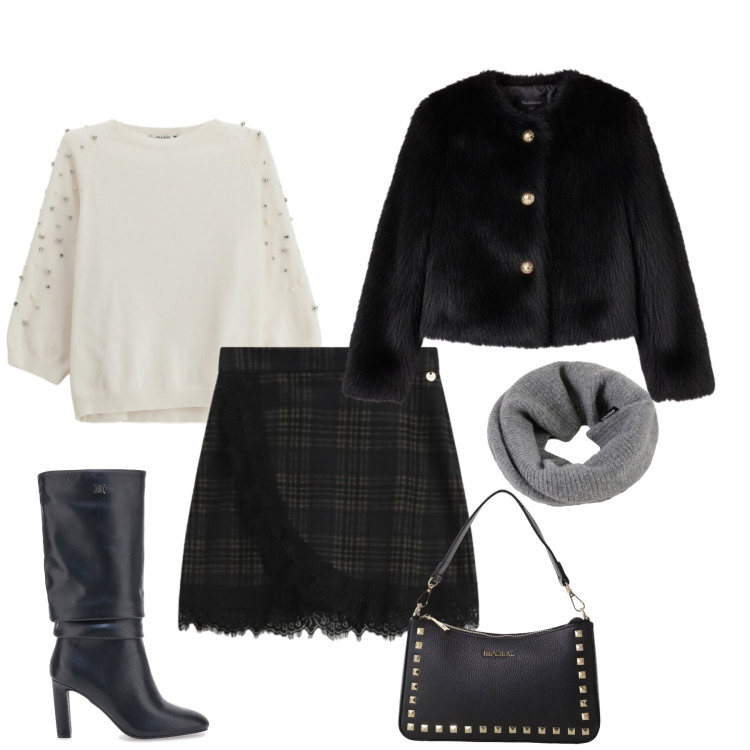 Outfit donna - Total look #2301097. Stile Chic per Serata fuori. Abbinamento con maglieria, ecopellicce, minigonne, pochette, scaldacollo, stivali.