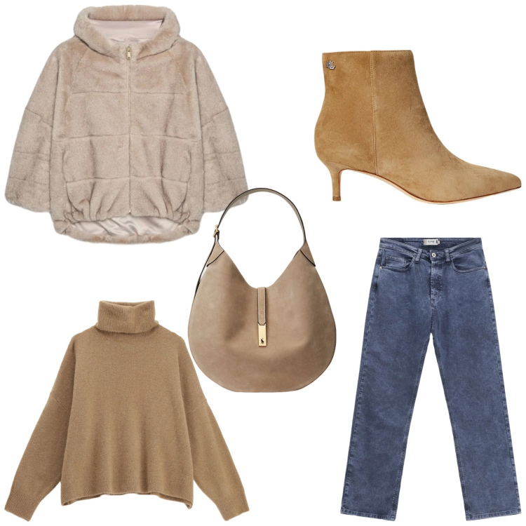 Outfit donna - Jeans d\' inverno. Stile Casual chic per Tutti i giorni. Abbinamento con jeans dritti, maglieria, stivaletti, borse a spalla, ecopellicce.