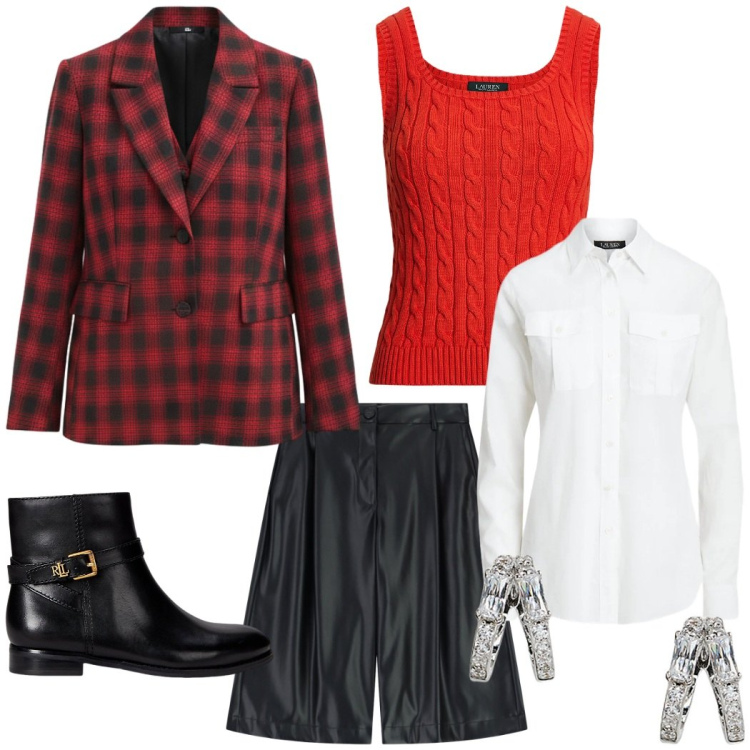 Outfit donna - Rosso per Natale. Stile Chic per Serata fuori. Abbinamento con blazer, shorts, orecchini, stivaletti, maglieria, camicie.