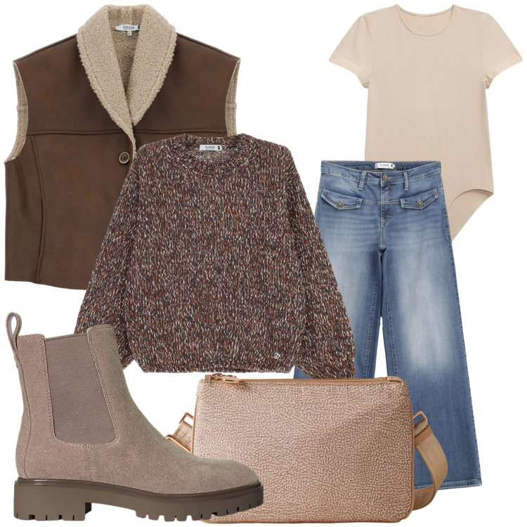 Outfit donna - Gita con gli amici. Stile Casual chic per Tutti i giorni. Abbinamento con maglieria, jeans, gilet, borse a tracolla, stivaletti chelsea, body.
