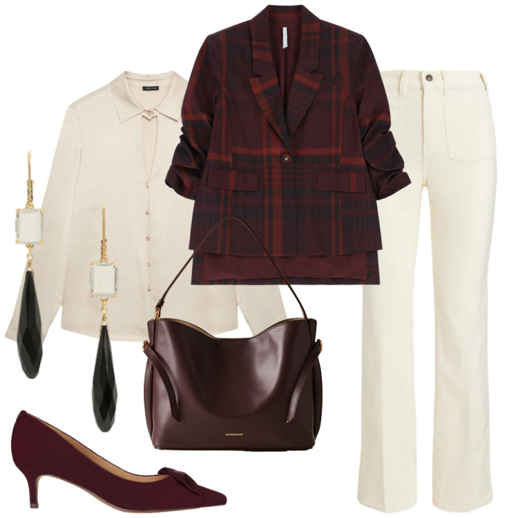 Outfit donna - Scozzese per le feste. Stile Preppy per Tutti i giorni. Abbinamento con blazer, borse a mano, décolleté, pantaloni, orecchini, camicie.