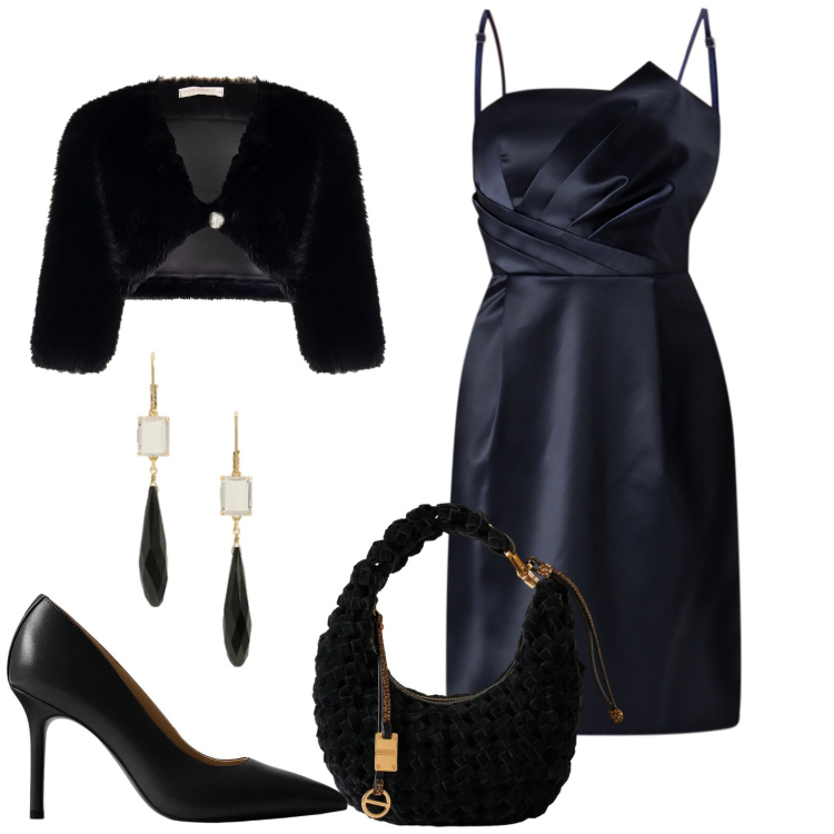 Outfit donna - Serata chic. Stile Chic per Serata fuori. Abbinamento con vestiti corti, bolero, borse a mano, décolleté, orecchini.