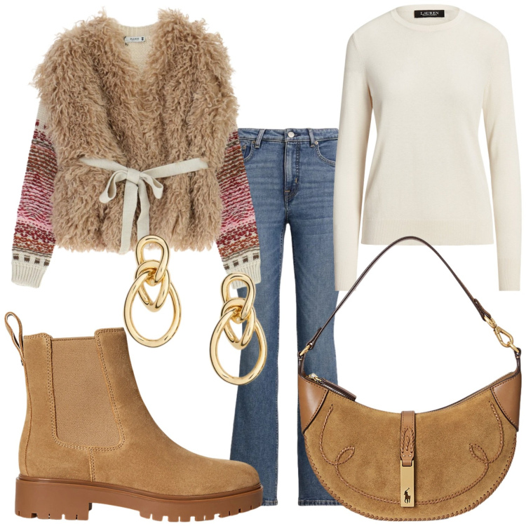 Outfit donna - Jeans per la giornata. Stile Casual chic per Tutti i giorni. Abbinamento con maglieria, maglieria, borse a spalla, stivaletti chelsea, orecchini, jeans bootcut.