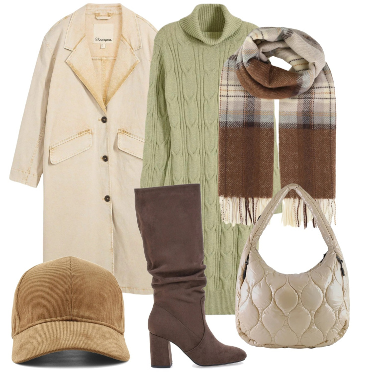 Outfit donna - Dicembre. Stile Casual chic per Tutti i giorni. Abbinamento con vestiti, trench, sciarpe, borse tote, stivali sopra il ginocchio, cappelli con visiera.