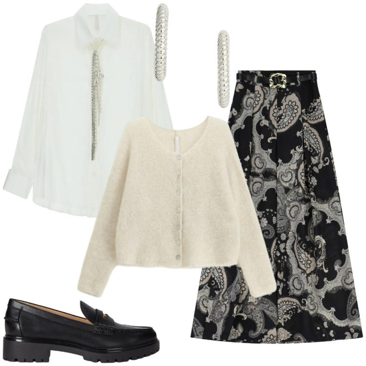 Outfit donna - Camicia gioiello e pantaloni fantasia. Stile Chic per Serata fuori. Abbinamento con cardigans, gonne lunghe, camicie, mocassini, orecchini.