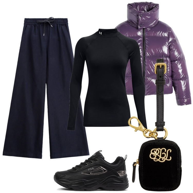 Outfit donna - Il piumino Viola. Stile Casual per Tutti i giorni. Abbinamento con jeans, pochette, piumini, sneakers, pullovers.