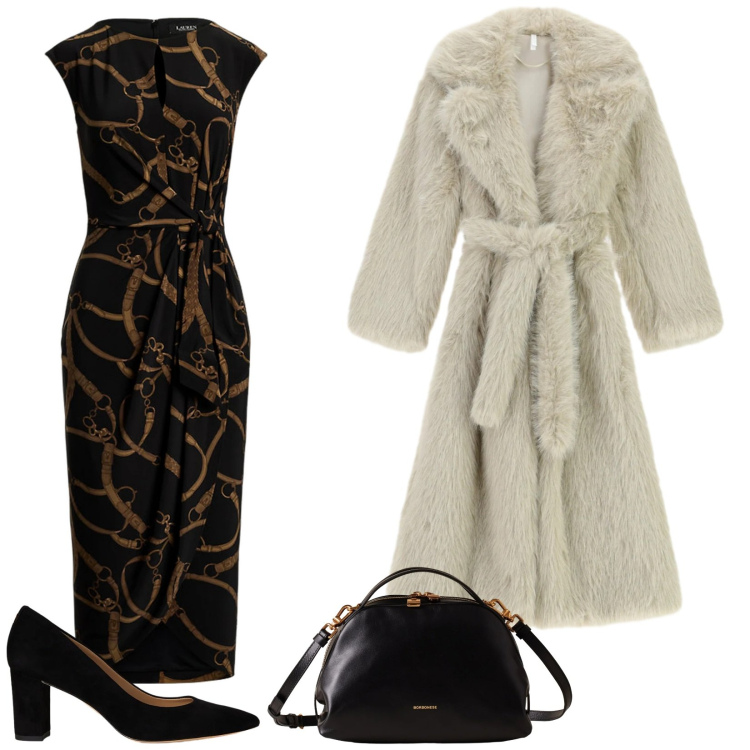 Outfit donna - Eleganza in inverno. Stile Chic per Cerimonia. Abbinamento con cappotti, borse a mano, vestiti, décolleté.