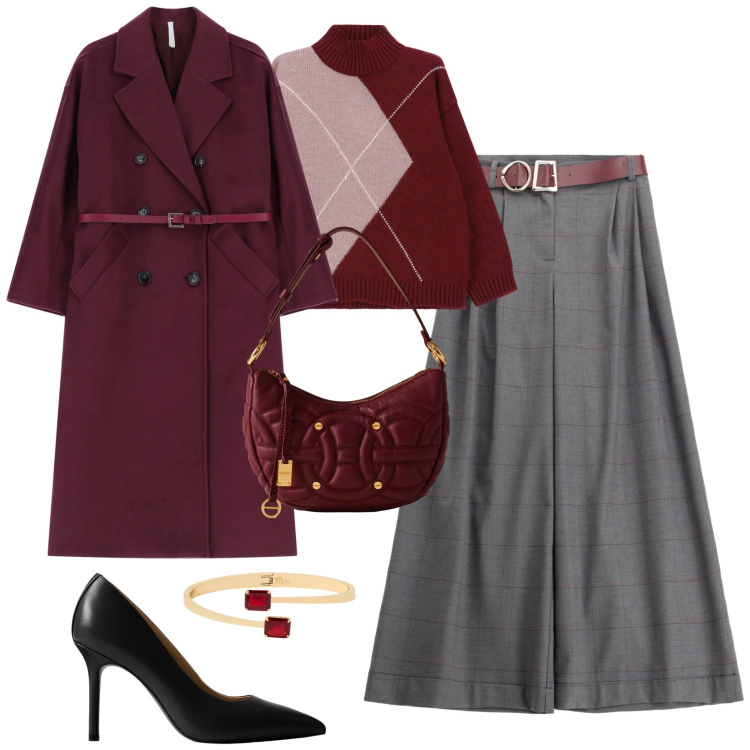 Outfit donna - City. Stile Urban per Tutti i giorni. Abbinamento con pantaloni, cappotti, maglieria, borse a spalla, décolleté, braccialetti.