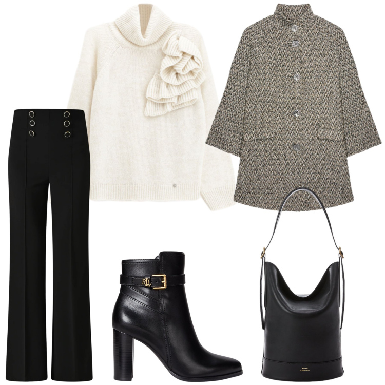 Outfit donna - In ufficio. Stile Casual chic per Ufficio. Abbinamento con maglieria, pantaloni, borse a secchiello, stivaletti, cappotti.