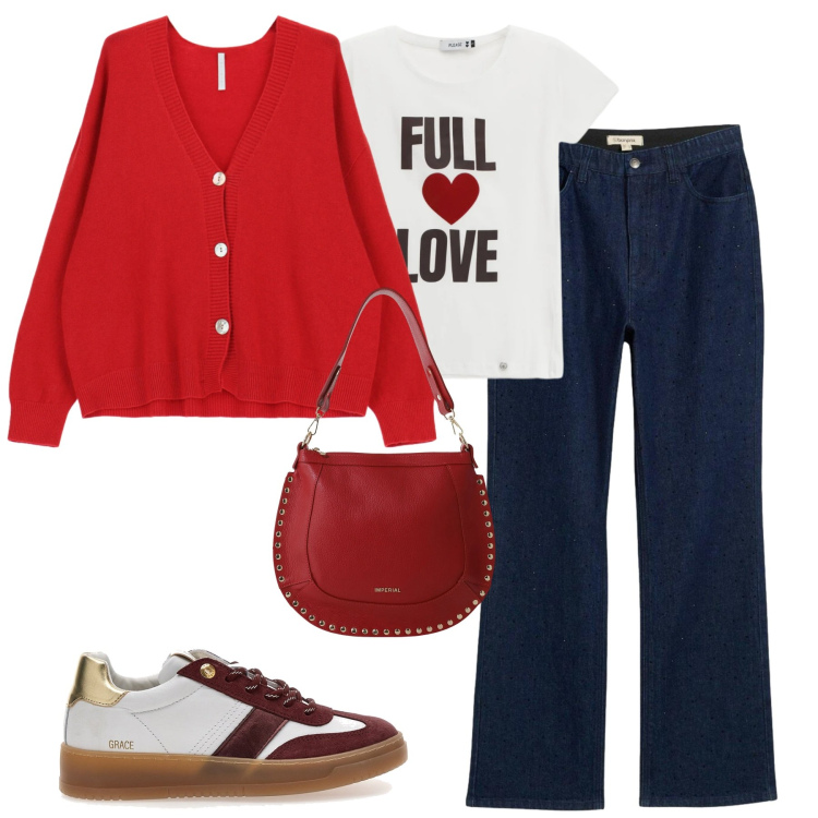 Outfit donna - Total look #2301116. Stile Casual per Tutti i giorni. Abbinamento con jeans dritti, t-shirt, borse a spalla, cardigans, sneakers.