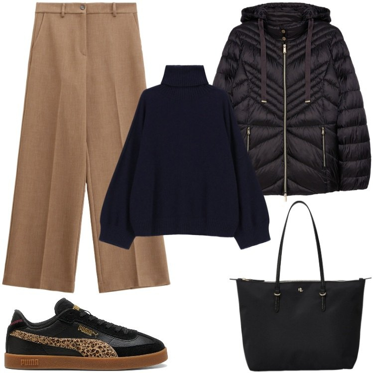 Outfit donna - Sneakers Animalier in Ufficio. Stile Trendy per Ufficio. Abbinamento con pantaloni, maglieria, borse tote, sneakers, piumini.