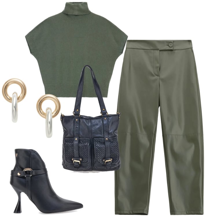 Outfit donna - Green. Stile Minimal per Tutti i giorni. Abbinamento con pantaloni, maglieria, orecchini, stivaletti, borse a spalla.
