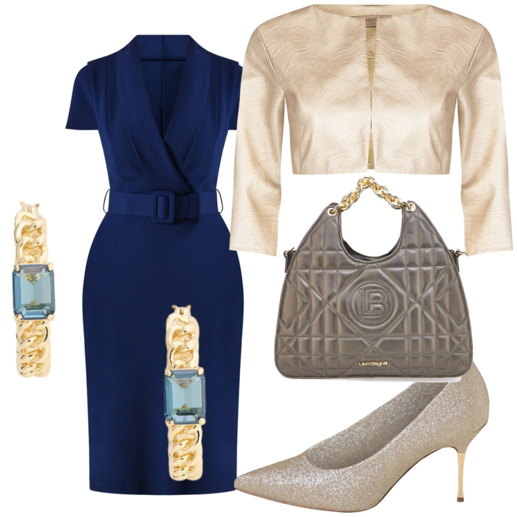 Outfit donna - A Natale blu e oro. Stile Chic per Serata fuori. Abbinamento con vestiti a tubino, bolero, décolleté, orecchini, borse a mano.