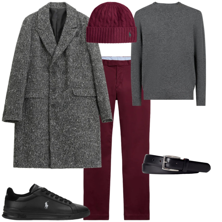 Outfit uomo - Trendy grigio bordeaux. Stile Trendy per Tutti i giorni. Abbinamento con cappotti, cinture, sneakers, pantaloni, berretti, maglieria.