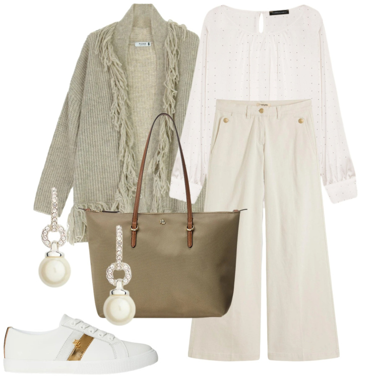 Outfit donna - Caldo e avvolgente. Stile Casual chic per Tutti i giorni. Abbinamento con pantaloni, cardigans, borse tote, sneakers, orecchini, bluse.