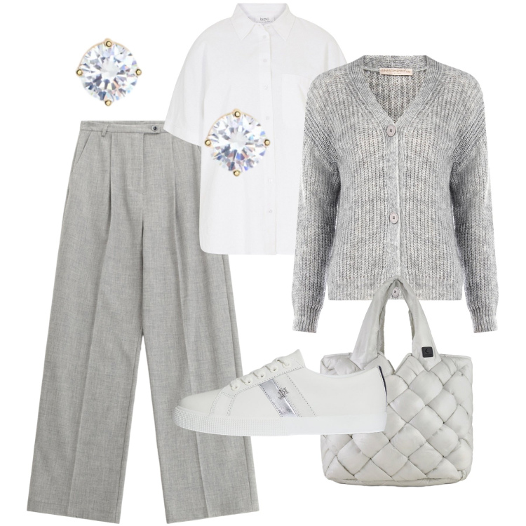 Outfit donna - In ufficio luminosa. Stile Casual chic per Ufficio. Abbinamento con camicie, cardigans, pantaloni, sneakers, orecchini, borse tote.