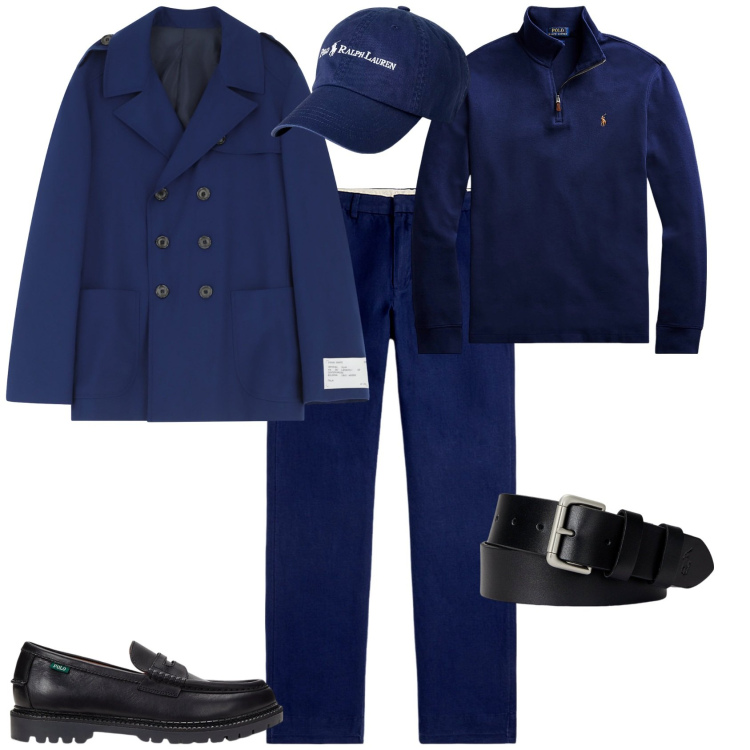 Outfit uomo - Trendy in blu. Stile Trendy per Tutti i giorni. Abbinamento con caban, pullovers, cinture, scarpe stringate, pantaloni, cappelli.