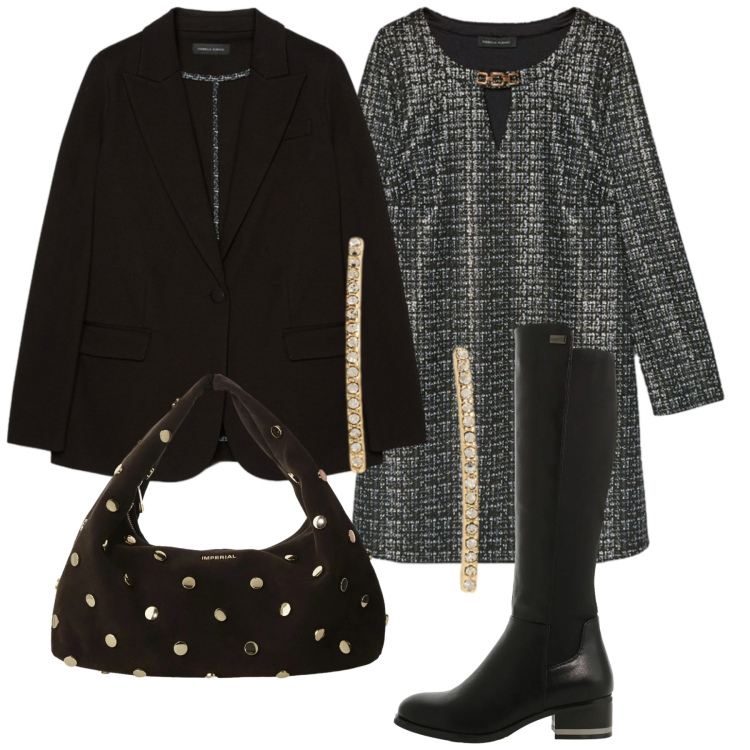 Outfit donna - Elegante con pochi pezzi. Stile Bon Ton per Serata fuori. Abbinamento con stivali sopra il ginocchio, borse a spalla, orecchini, vestiti corti, blazer.