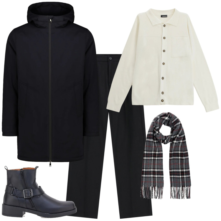 Outfit uomo - Casual nero e bianco. Stile Casual per Tutti i giorni. Abbinamento con pantaloni, cardigans, sciarpe, parka, stivali e stivaletti.