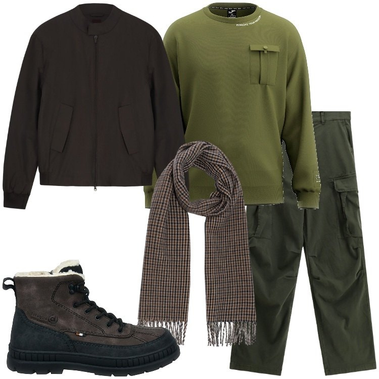 Outfit uomo - Colori profondi. Stile Trendy per Tutti i giorni. Abbinamento con pantaloni cargo, sciarpe, bomber, felpe, anfibi.