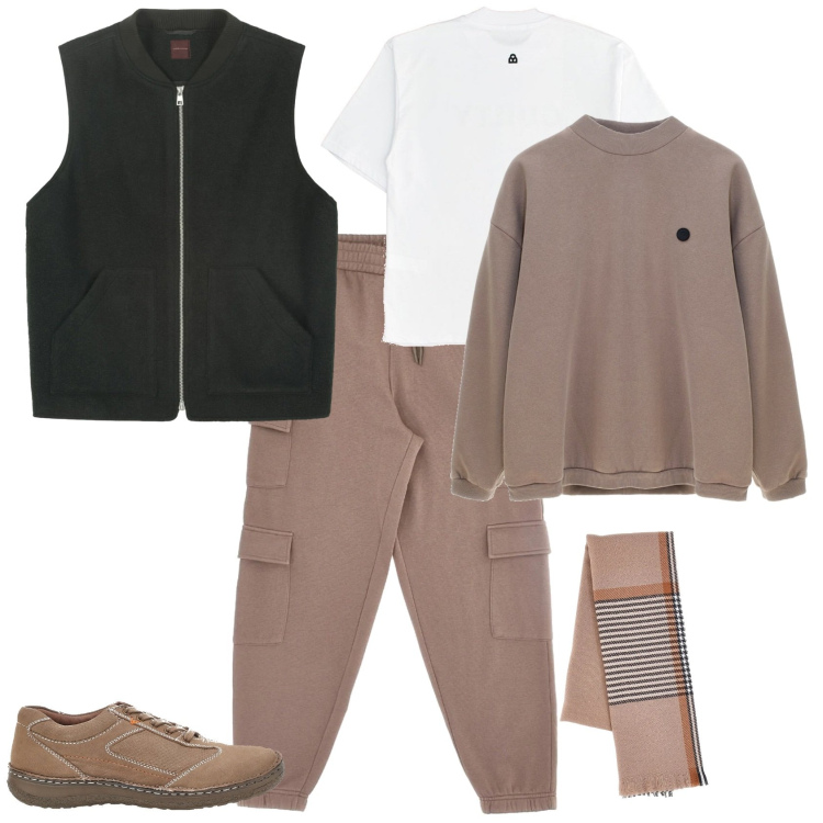 Outfit uomo - Urban beige e nero per ogni giorno. Stile Urban per Tutti i giorni. Abbinamento con sciarpe, maglieria, sneakers, felpe, pantaloni cargo, piumini.