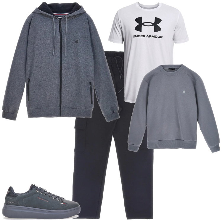 Outfit uomo - Urban grigio e nero. Stile Urban per Tutti i giorni. Abbinamento con maglieria, sneakers, felpe, felpe con cappuccio, pantaloni cargo.