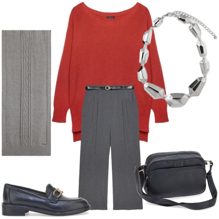 Outfit donna - Qualcosa di rosso a dicembre. Stile Casual chic per Ufficio. Abbinamento con sciarpe, pullovers, pantaloni, mocassini, borse a tracolla, ciondoli.