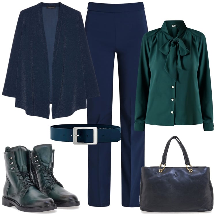 Outfit donna - Sofisticato verde bosco e blu navy. Stile Trendy per Tutti i giorni. Abbinamento con cinture, bluse, pantaloni, anfibi, cardigans, borse a mano.