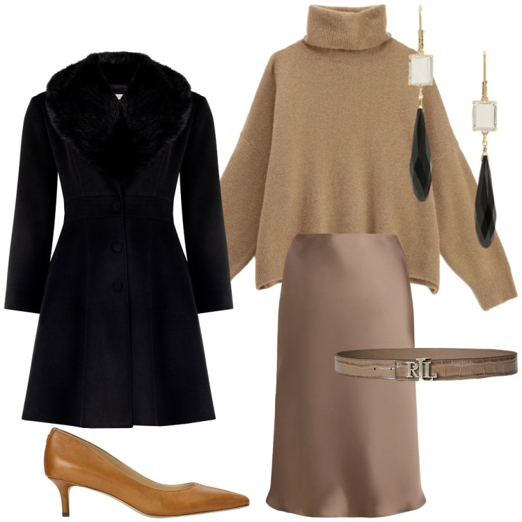 Outfit donna - Feste in famiglia. Stile Chic per Serata fuori. Abbinamento con cappotti, maglieria, orecchini, décolleté, gonne, cinture.