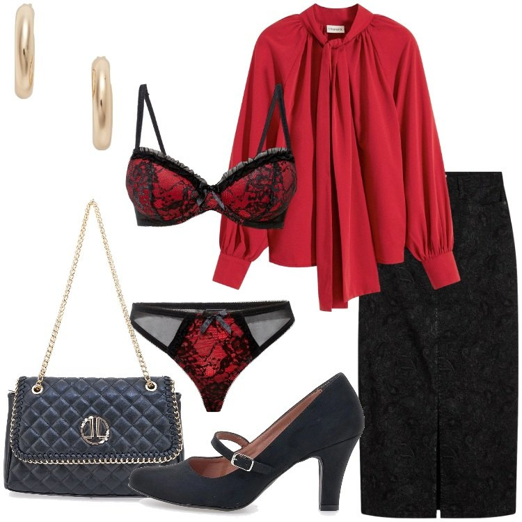 Outfit donna - Serata speciale. Stile Romantica per Serata fuori. Abbinamento con reggiseni, gonne, camicie, orecchini, borse a tracolla, décolleté.