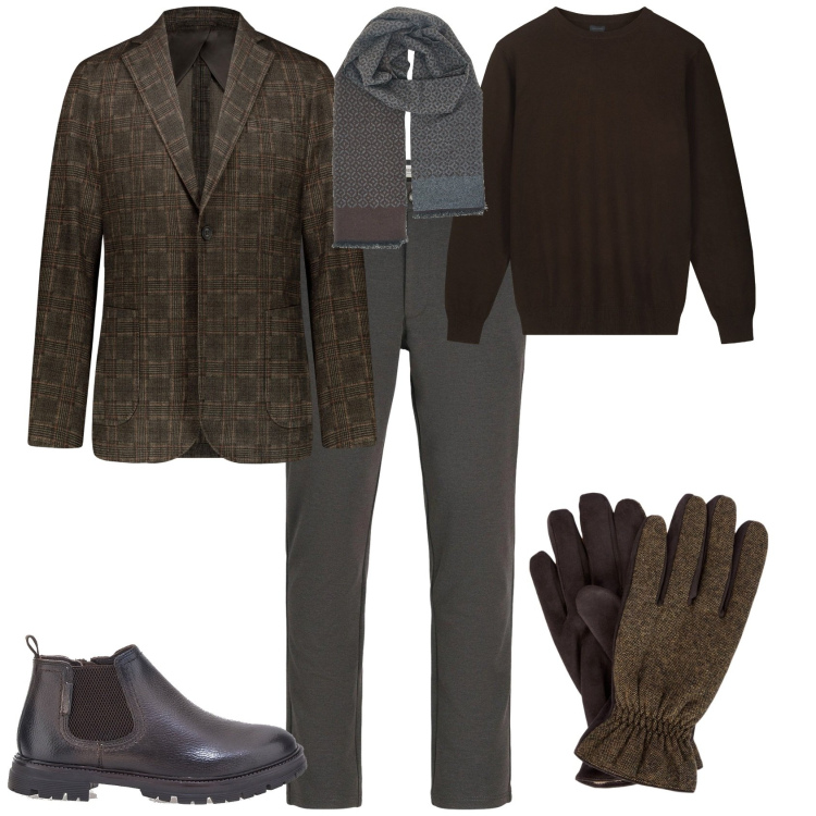 Outfit uomo - Trendy in ufficio toni marrone grigio. Stile Trendy per Ufficio. Abbinamento con pantaloni chino, giacche, stivali e stivaletti, sciarpe, guanti, maglieria.