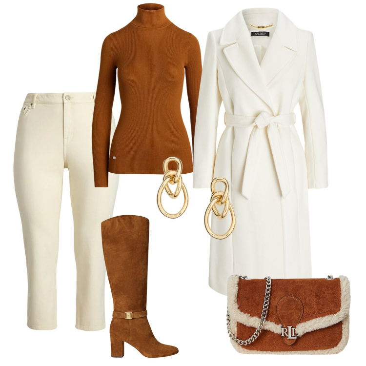 Outfit donna - Lauren\'s evening. Stile Glamour per Serata fuori. Abbinamento con stivali, jeans dritti, clutch, maglieria, cappotti, orecchini.